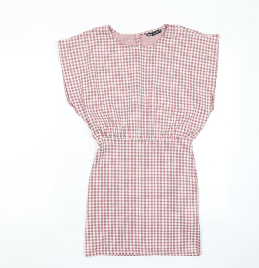 Zara Womens Pink Plaid Cotton A-Line Size S Crew Neck Button