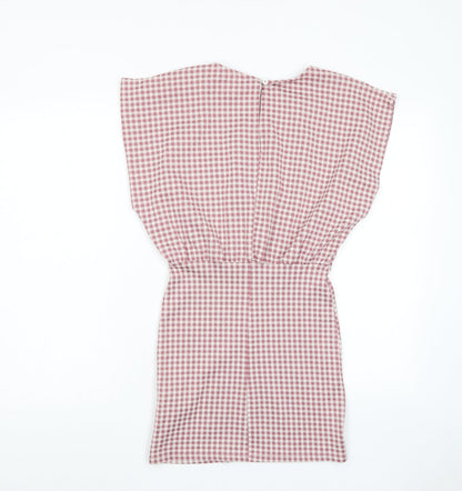 Zara Womens Pink Plaid Cotton A-Line Size S Crew Neck Button