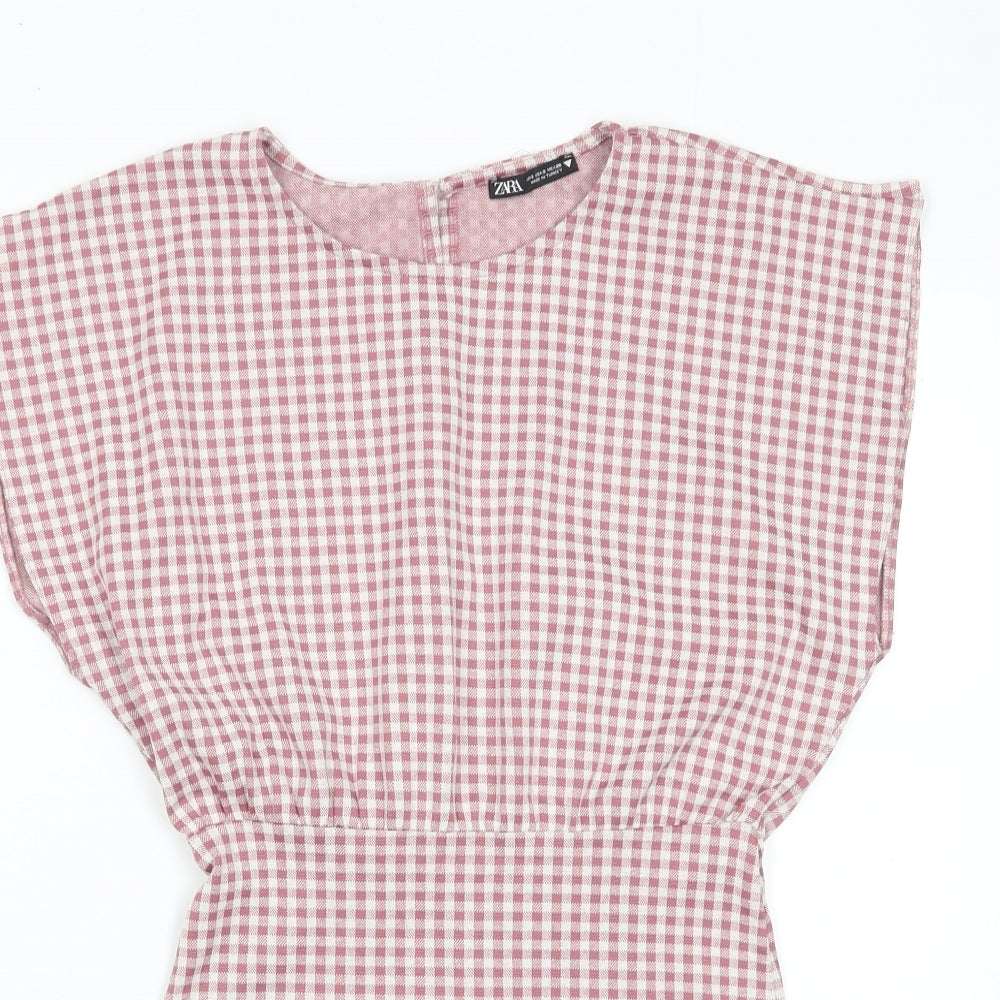 Zara Womens Pink Plaid Cotton A-Line Size S Crew Neck Button