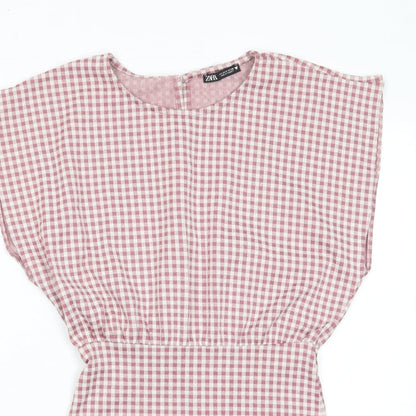 Zara Womens Pink Plaid Cotton A-Line Size S Crew Neck Button