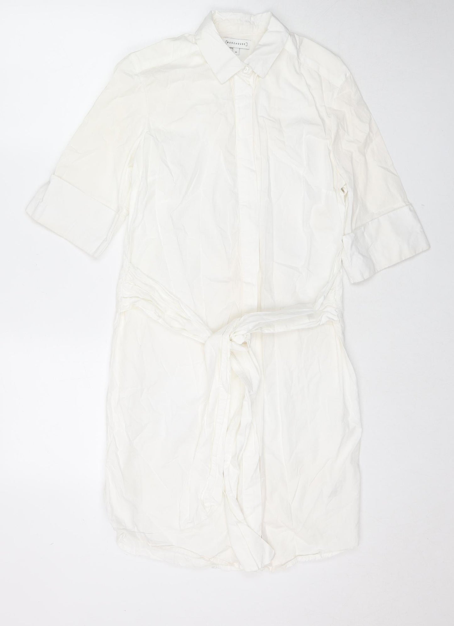 Warehouse Womens White Cotton Shirt Dress Size 10 Collared Button - Belted