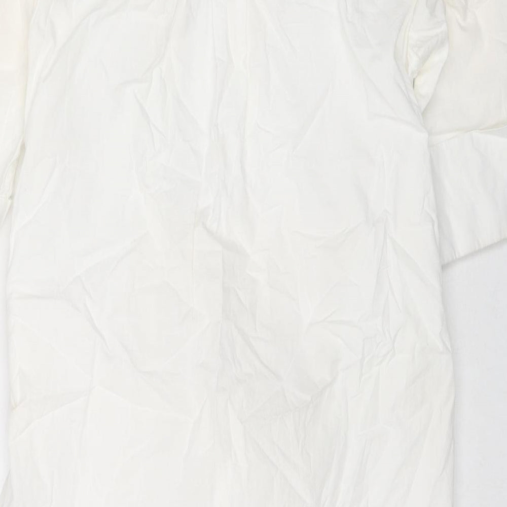 Warehouse Womens White Cotton Shirt Dress Size 10 Collared Button - Belted