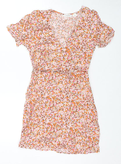 Glassons Womens Orange Floral Viscose Mini Size 8 V-Neck Zip
