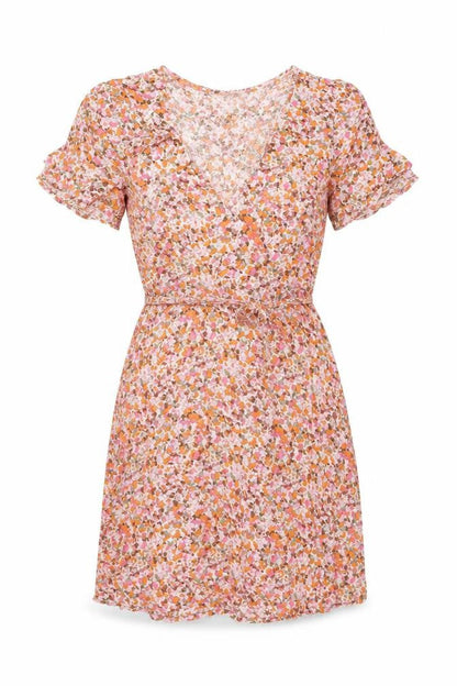 Glassons Womens Orange Floral Viscose Mini Size 8 V-Neck Zip