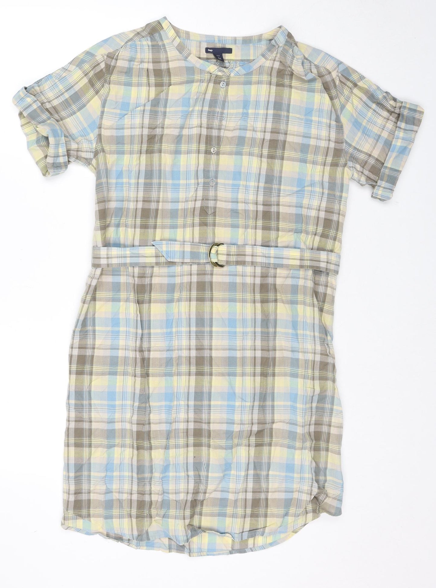 Gap Womens Beige Check Cotton Shirt Dress Size 12 Round Neck Button