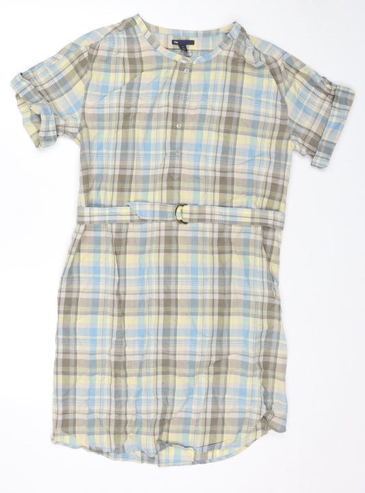 Gap Womens Beige Check Cotton Shirt Dress Size 12 Round Neck Button