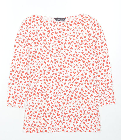 Marks and Spencer Womens Multicoloured Geometric Cotton Basic T-Shirt Size 8 Boat Neck - Hearts