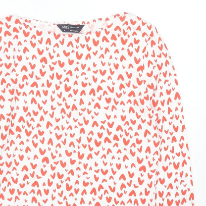 Marks and Spencer Womens Multicoloured Geometric Cotton Basic T-Shirt Size 8 Boat Neck - Hearts