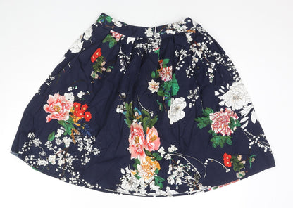 Grace Karin Womens Blue Floral Cotton A-Line Skirt Size S Zip