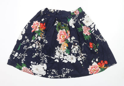 Grace Karin Womens Blue Floral Cotton A-Line Skirt Size S Zip