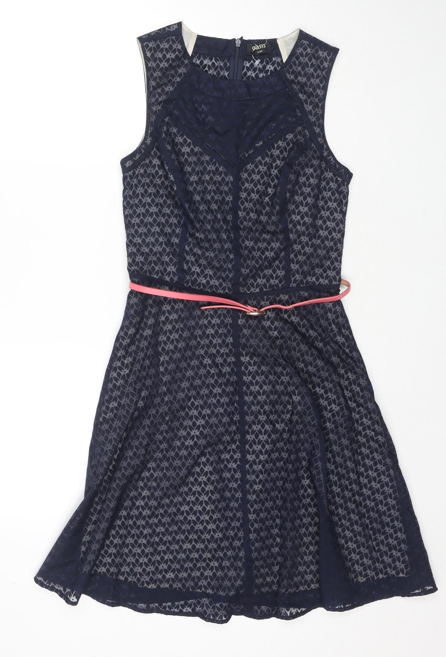 Oasis Womens Blue Geometric Cotton A-Line Size 8 Round Neck Pullover - Belted