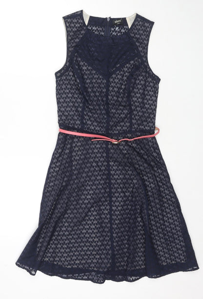 Oasis Womens Blue Geometric Cotton A-Line Size 8 Round Neck Pullover - Belted