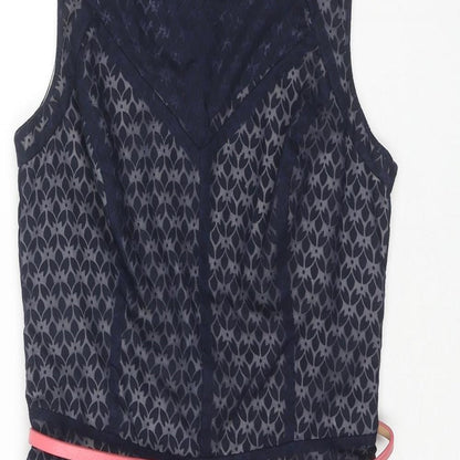 Oasis Womens Blue Geometric Cotton A-Line Size 8 Round Neck Pullover - Belted