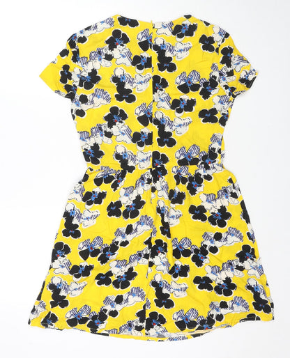 River Island Womens Yellow Floral Viscose Trapeze & Swing Size 10 Round Neck Zip
