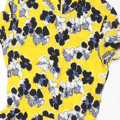 River Island Womens Yellow Floral Viscose Trapeze & Swing Size 10 Round Neck Zip
