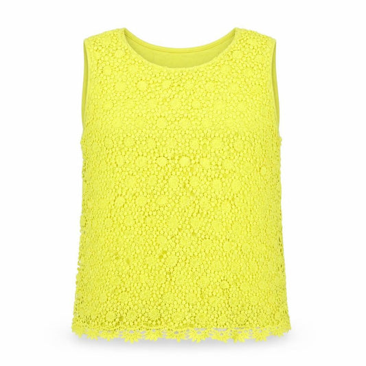 Front view of Roman women’s yellow viscose basic tank, size UK 20, round neck - lace detail