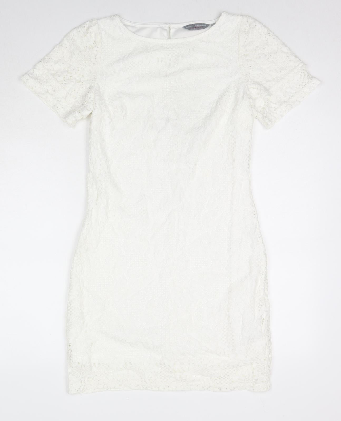 Dorothy Perkins Womens White Floral Cotton A-Line Size 8 Round Neck Button