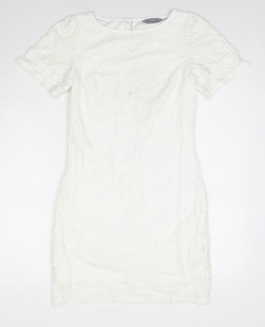 Dorothy Perkins Womens White Floral Cotton A-Line Size 8 Round Neck Button