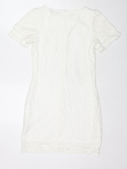 Dorothy Perkins Womens White Floral Cotton A-Line Size 8 Round Neck Button