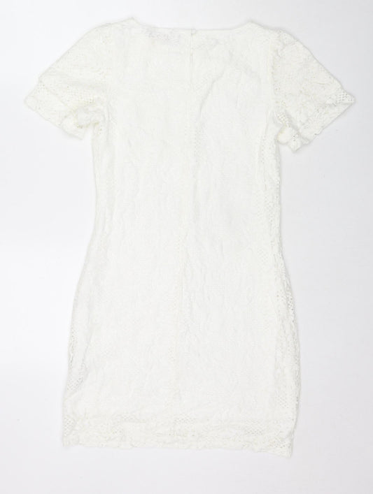 Dorothy Perkins Womens White Floral Cotton A-Line Size 8 Round Neck Button