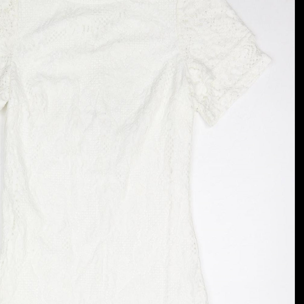 Dorothy Perkins Womens White Floral Cotton A-Line Size 8 Round Neck Button