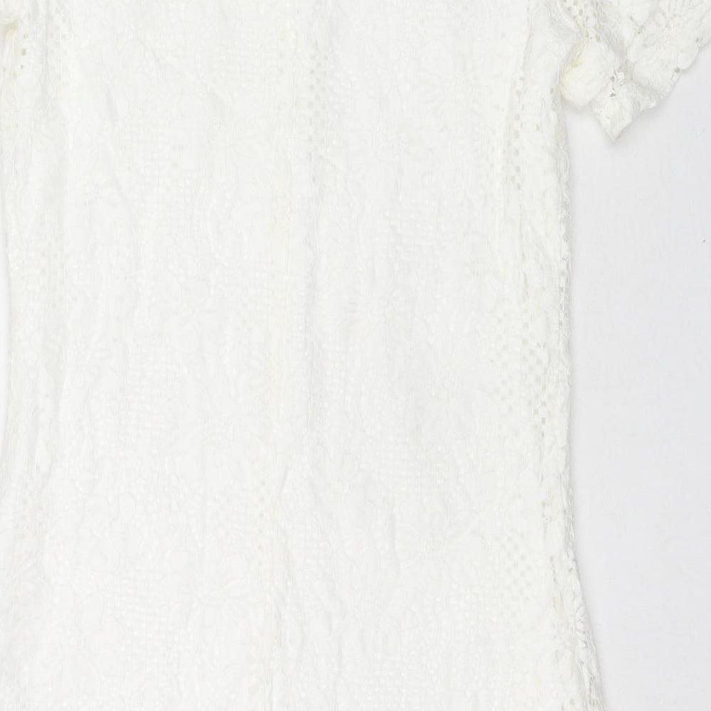 Dorothy Perkins Womens White Floral Cotton A-Line Size 8 Round Neck Button