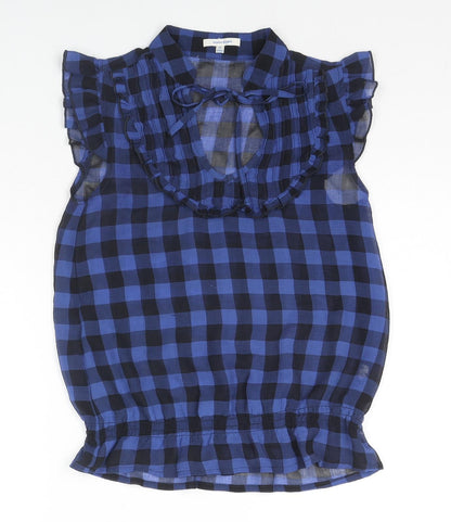 ValleyGirl Womens Blue Check Polyester Basic Blouse Size 6 V-Neck