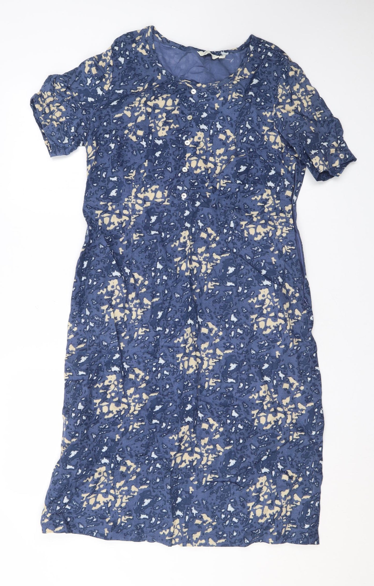 Adini Womens Blue Geometric Linen T-Shirt Dress Size M Round Neck Pullover