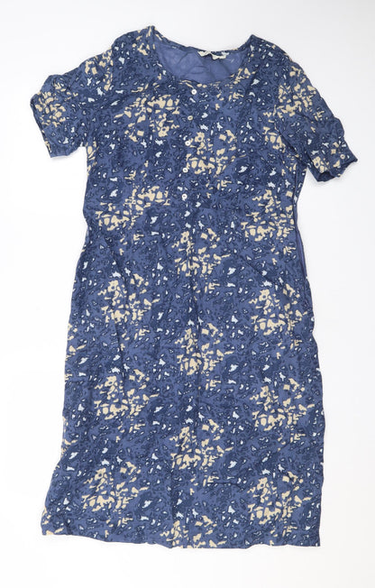 Adini Womens Blue Geometric Linen T-Shirt Dress Size M Round Neck Pullover