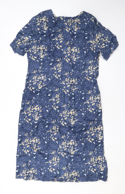Adini Womens Blue Geometric Linen T-Shirt Dress Size M Round Neck Pullover