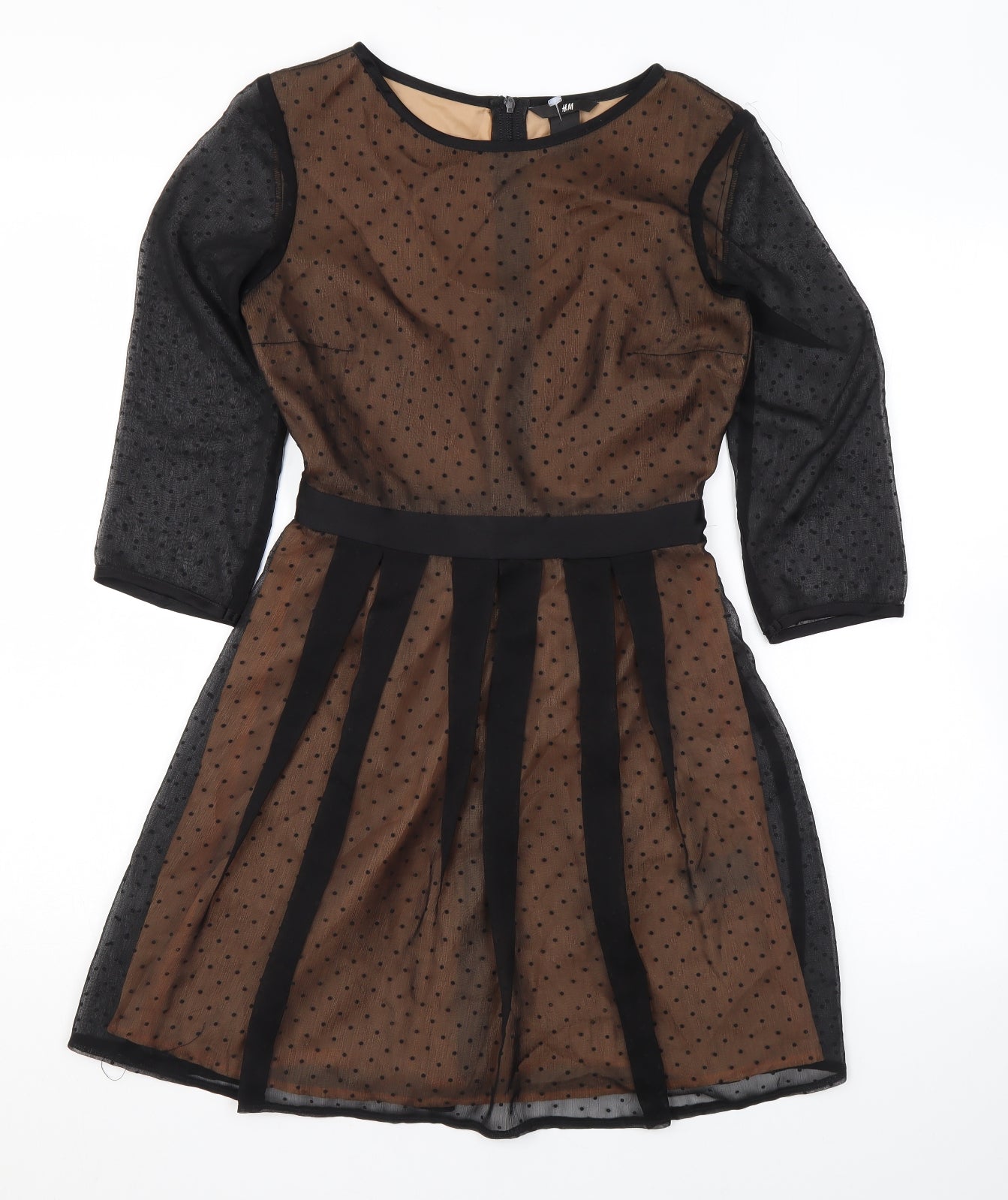 H&M Womens Black Polka Dot Polyester Skater Dress Size 4 Round Neck Zip