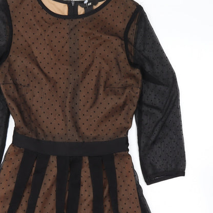 H&M Womens Black Polka Dot Polyester Skater Dress Size 4 Round Neck Zip