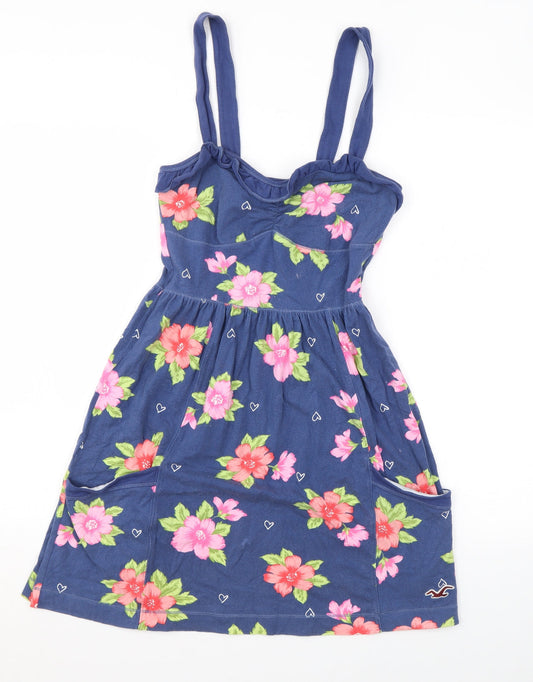 Hollister Womens Blue Floral Cotton Mini Size M Square Neck Pullover