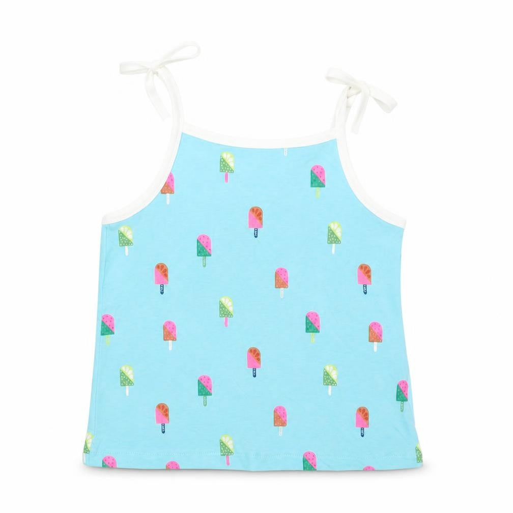 Front view of Marks & Spencer girls’ blue geometric cotton basic tank, size 2-3, years square neck pullover