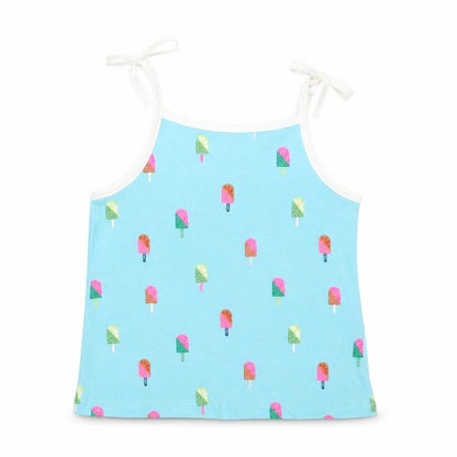 Front view of Marks & Spencer girls’ blue geometric cotton basic tank, size 2-3, years square neck pullover