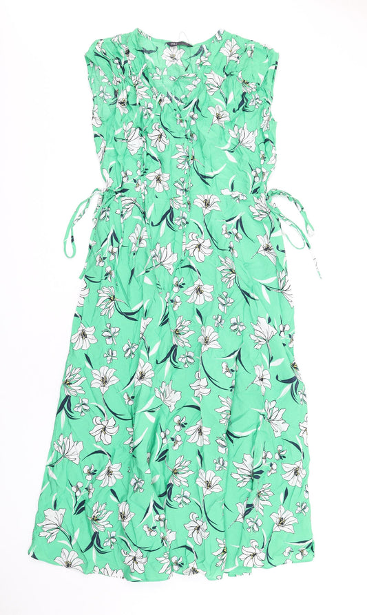 Marks and Spencer Womens Green Floral Viscose A-Line Size 8 V-Neck Pullover