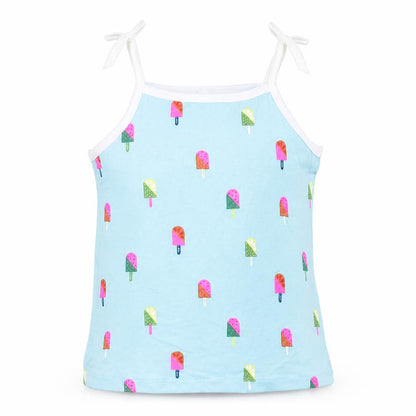 Front view of Marks & Spencer girls’ blue geometric cotton basic tank, size 2-3, years square neck pullover