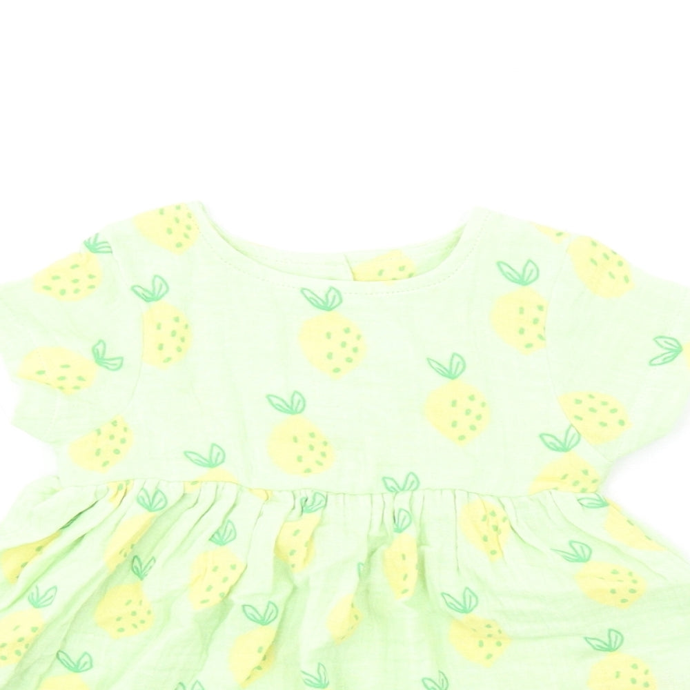 Marks and Spencer Girls Green Geometric Cotton Fit & Flare Size 3-6 Months Round Neck Button