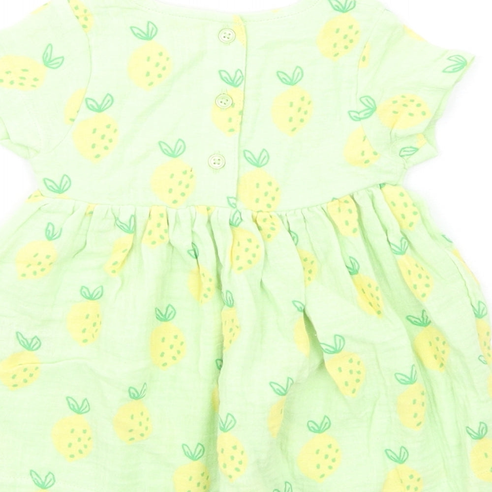 Marks and Spencer Girls Green Geometric Cotton Fit & Flare Size 3-6 Months Round Neck Button