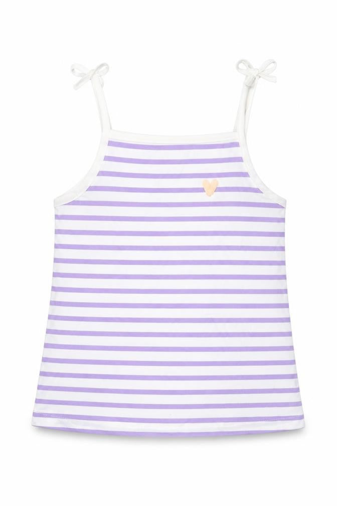 Front view of Marks & Spencer girls’ purple striped cotton basic tank, size 2-3, years square neck pullover