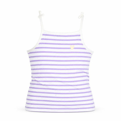 Front view of Marks & Spencer girls’ orange striped cotton basic tank, size 3-4, years square neck pullover
