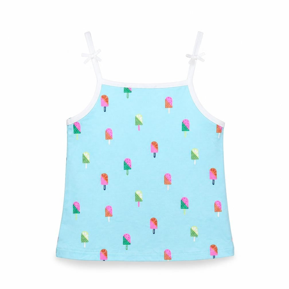 Front view of Marks & Spencer girls’ blue geometric cotton basic tank, size 2-3, years square neck pullover