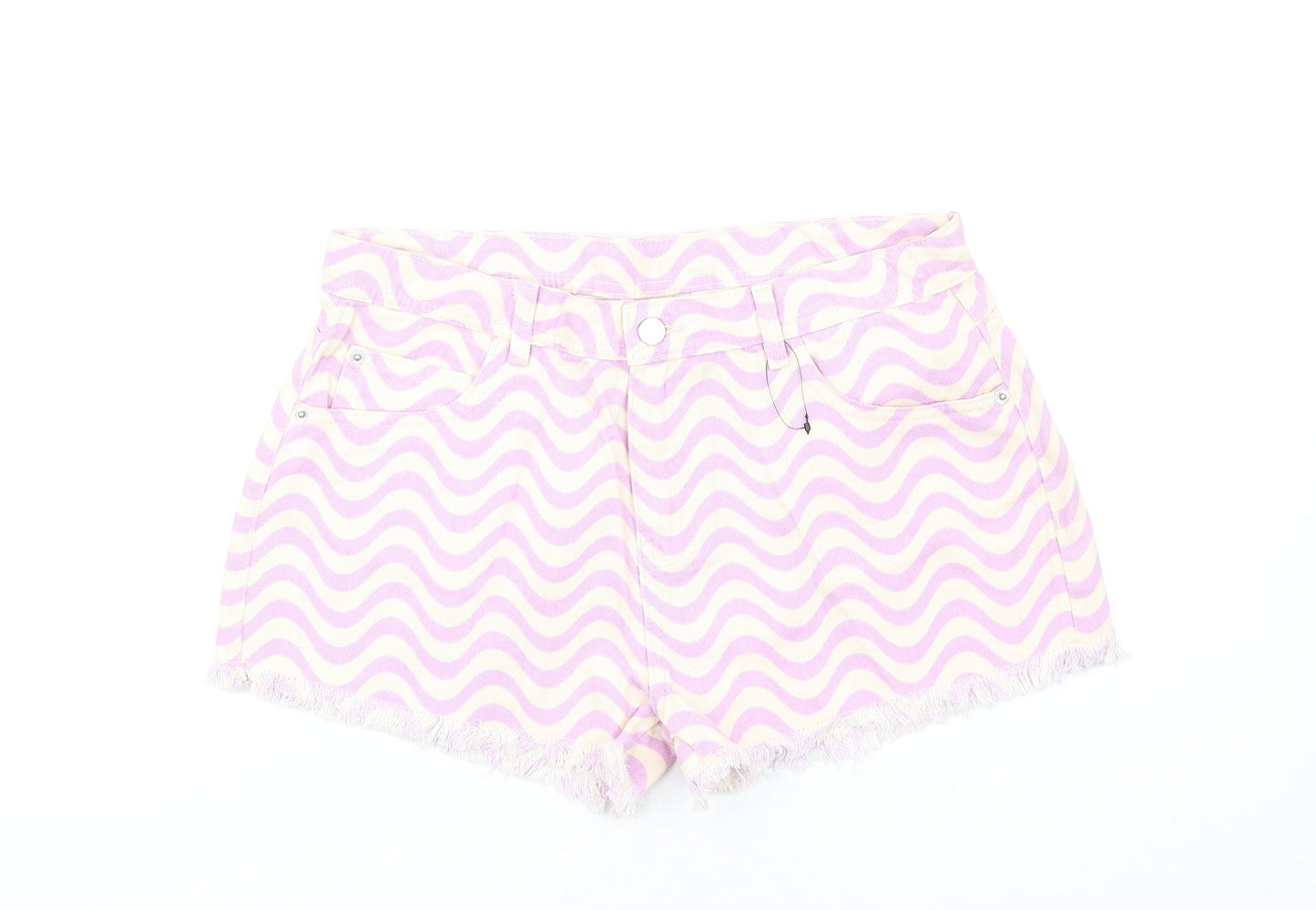 Marks and Spencer Girls Purple Geometric Cotton Cut-Off Shorts Size 15-16 Years Regular Zip
