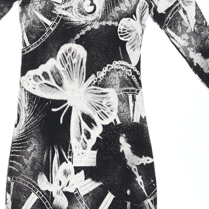 MANDI Womens Black Geometric Viscose Bodycon Size 12 Round Neck Pullover - Butterfly Print
