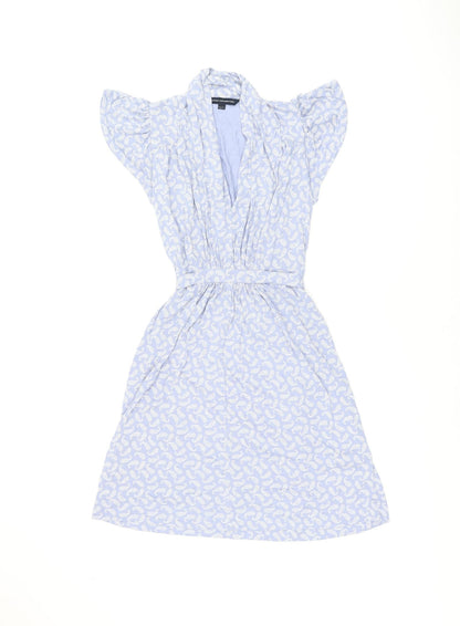 French Connection Womens Blue Geometric Viscose Skater Dress Size 8 V-Neck Pullover
