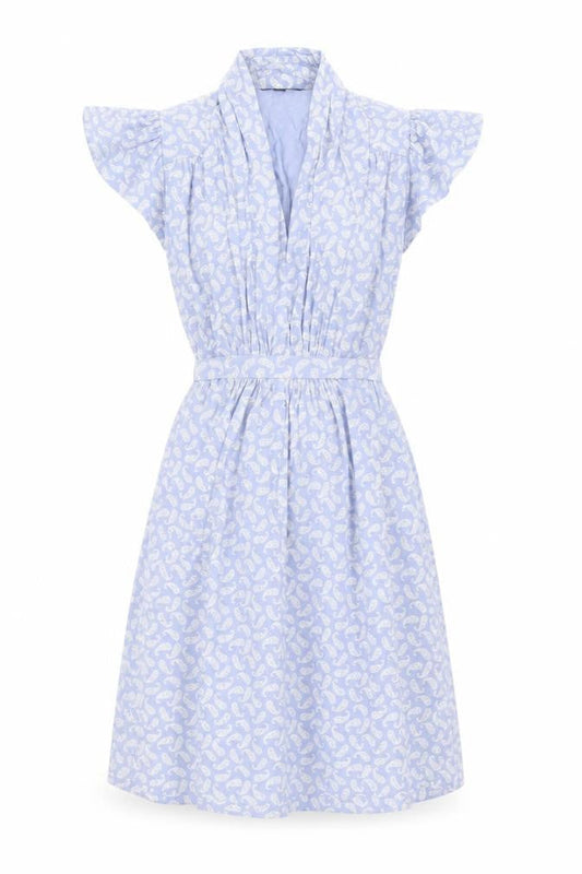 Front view of French Connection women’s blue geometric viscose skater dress, size UK 8, v-neck pullover