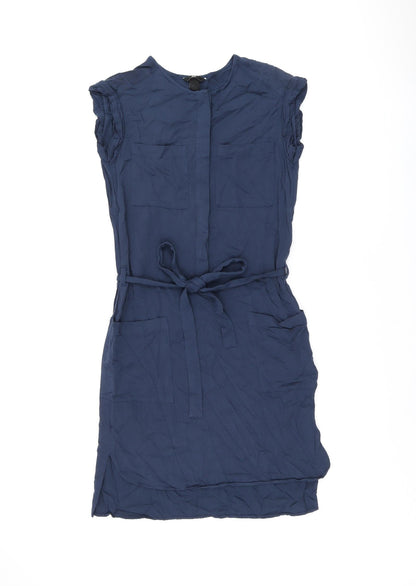 H&M Womens Blue Polyester Shift Size 6 Round Neck Button - Belted