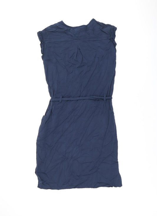 H&M Womens Blue Polyester Shift Size 6 Round Neck Button - Belted