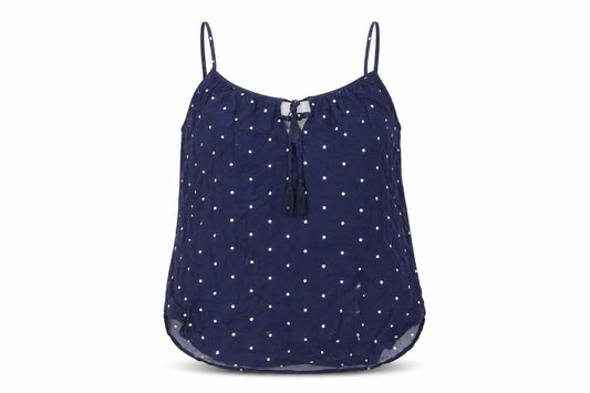 Front view of L.O.G.G women’s blue polka dot viscose camisole t-shirt, size UK 10, scoop neck