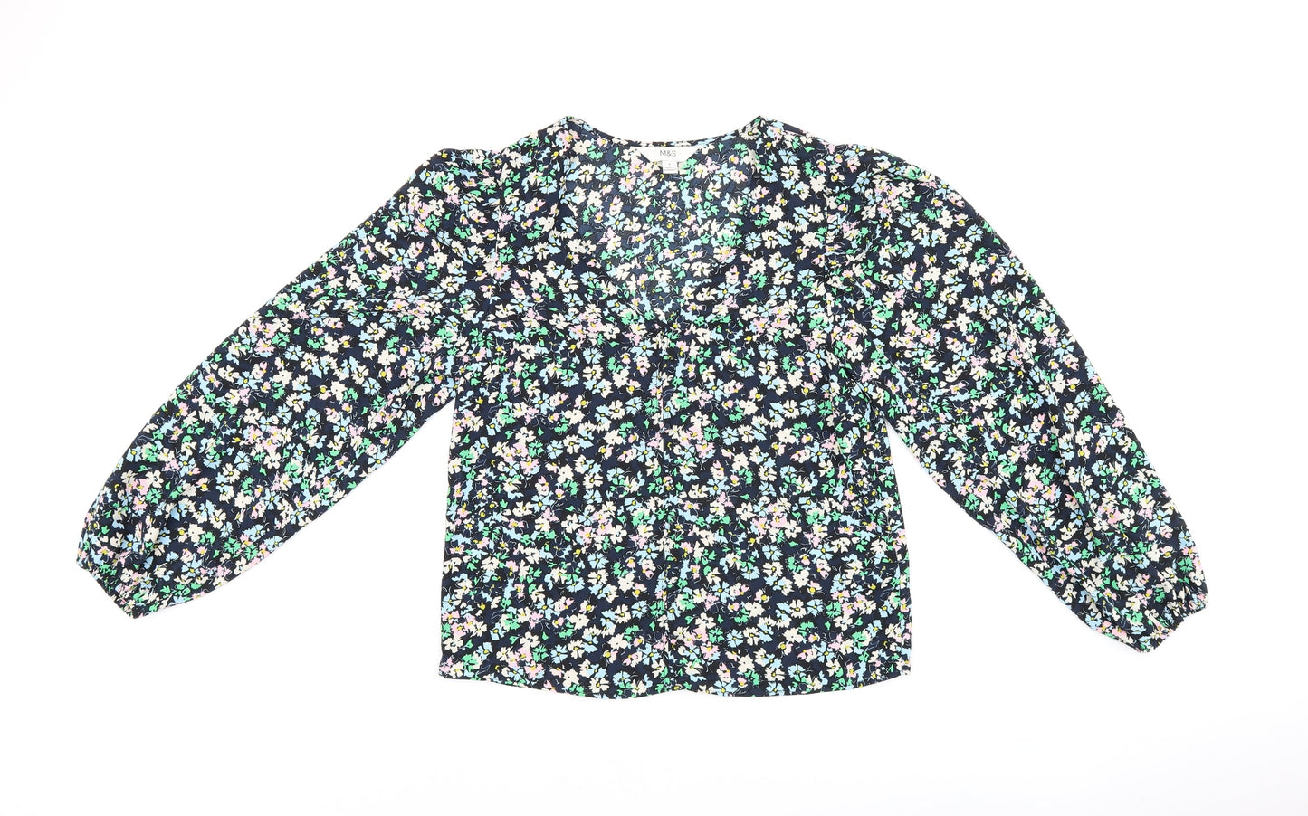 Marks and Spencer Womens Blue Floral Polyester Basic Blouse Size 8 V-Neck